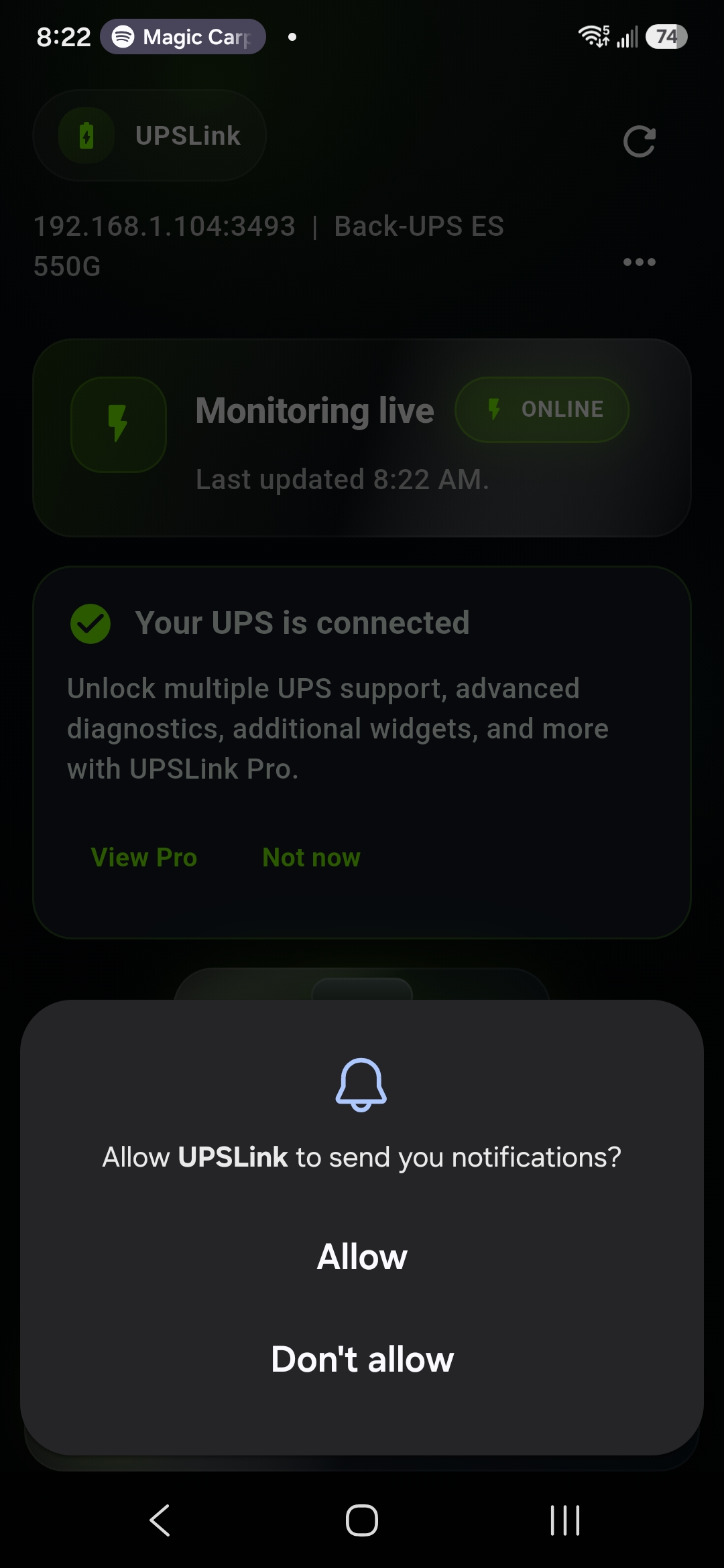 Android notification permission dialog for the UPSLink app